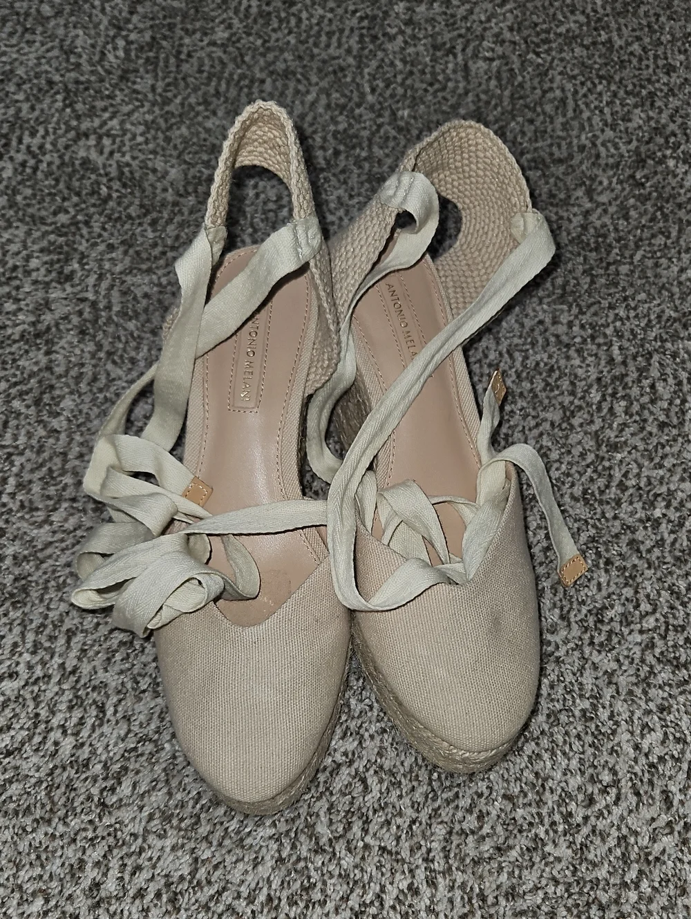 Neutral Beige Canvas Espadrille Wedges with Ankle Wrap — Antonio Melani